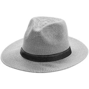 A grey straw hat featuring a black band, designed for headwear. It has a classic fedora shape.