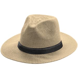A beige hat with a wide brim and a black band around the base. It has a textured design and a logo.