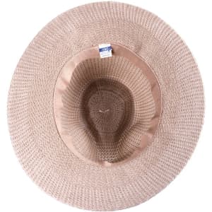 A tan, wide-brimmed hat with a woven texture and a round crown, featuring a label inside.