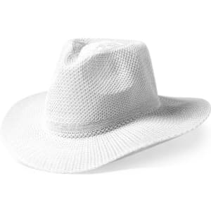 A white mesh hat featuring a wide brim and crown, designed for headwear. It includes a logo on the side.