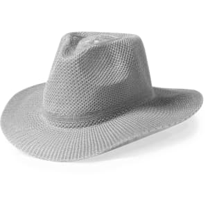 A grey mesh hat with a wide brim and a structured crown, featuring a logo on the side.