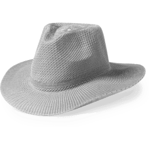 A light grey mesh hat with a wide brim and structured crown, featuring a logo on the side.