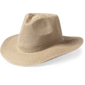 A beige mesh hat with a wide brim and a classic fedora shape, featuring a subtle logo.