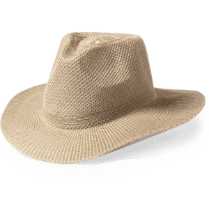 A tan mesh hat with a wide brim and a structured crown, featuring a branding logo.