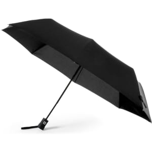 A black umbrella with a sleek design and a simple handle, featuring a logo on the side.