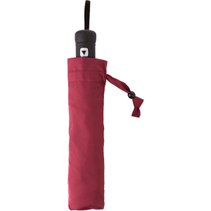 A red umbrella in a matching protective sleeve, featuring a black handle and logo. Ideal for leisure and outdoors.