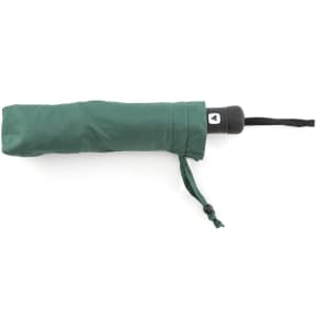 A green compact umbrella with a black handle and a loop for easy carrying. It features a branded logo.