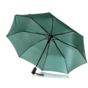 A green umbrella with a black handle and framework, featuring a simple design and a logo on the fabric.