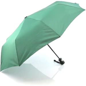 A green umbrella with a sturdy frame and a handle, featuring a logo on the side.