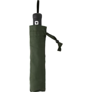 A green umbrella stored in a matching fabric sleeve, featuring a logo on the handle.