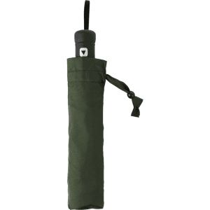 A green Hebol umbrella tucked inside a matching protective sleeve, featuring a logo on the handle.