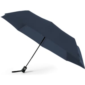 A navy umbrella with a sturdy black handle and a logo, designed for leisure and outdoor use.