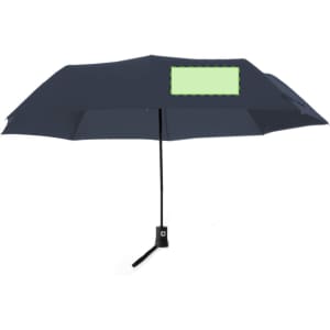 A navy blue umbrella with a simple design and an area for branding or logos. It features a straight handle and adjustable strap.