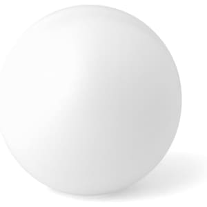 A white stress ball with a smooth surface and a round shape, featuring a subtle branding logo.