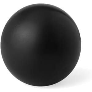 A black stress ball with a smooth surface, designed for fun and stress relief, featuring a logo.