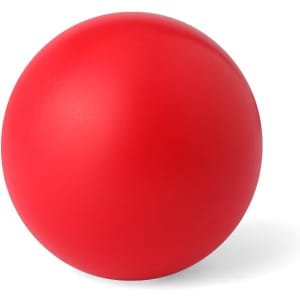 A red stress ball with a smooth, matte finish, featuring a minimalist design and a logo.
