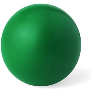 A round, solid green antistress ball with a smooth surface, featuring a logo.