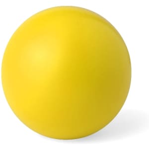 A yellow stress ball with a smooth surface, designed for fun and relaxation. It features a branding logo.