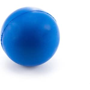 A blue stress ball with a smooth surface and a seam running along its side.
