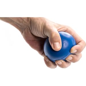A blue stress ball being squeezed in a hand, featuring a smooth surface and round shape.