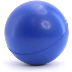 A blue stress ball with a smooth surface and a slight seam, featuring a branding logo.