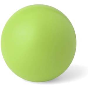 A green stress ball with a smooth, round surface, featuring a logo on one side.