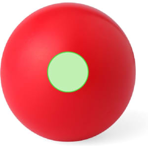 A red stress ball with a green circular area at the centre. It has a smooth texture and a round shape.