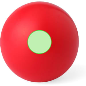 A red stress ball featuring a smooth surface and a circular green spot in the centre.