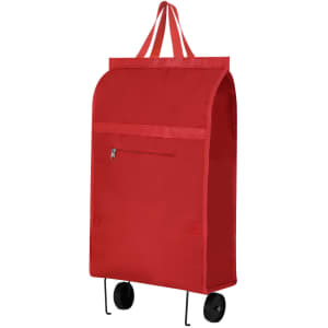A red shopping trolley with wheels and a zipper pocket, featuring a simple design and a rectangular shape.