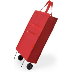 A red shopping trolley with a zip pocket, featuring two wheels and sturdy handles. It has a simple design with no visible logos.