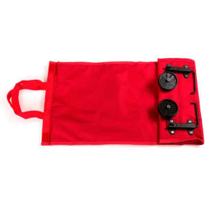 A red shopping trolley featuring a flat design with wheels and a carrying handle. It has an attached logo.
