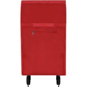 A red shopping trolley with a zippered pocket and wheels for easy transport. The trolley features a simple design.