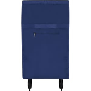 A navy blue shopping trolley with a zippered pocket and wheels. It has a simple design and includes branding.