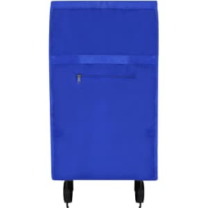 A blue shopping trolley with wheels and a zippered front pocket. It features a logo on the surface.