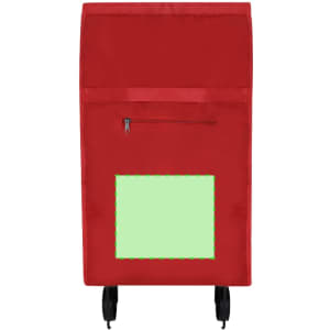 A red shopping trolley with a front zip pocket and a blank green area for customisation. It features wheels for easy transport.