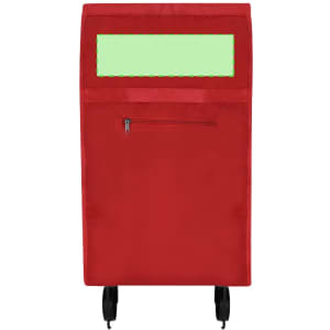 A red shopping trolley with a zippered pocket and a blank area for customisation, mounted on wheels.
