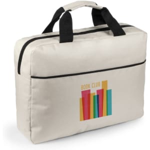 A laptop bag in cream with a black zipper and handles, featuring a colourful graphic and a logo.