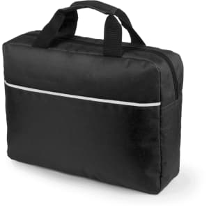 A black laptop bag with a zippered top, featuring a white accent stripe and short handles.