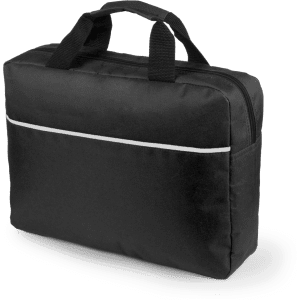 A black laptop bag featuring a zip closure, carrying handles, and a front pocket with a contrasting trim.