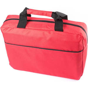 A red Hirkop document bag with black handles, featuring a zippered compartment and an exterior pocket.