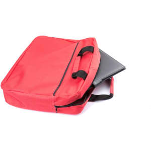 A red laptop bag with a black interior, featuring a zipper and two handles. It has a simple design and a logo.