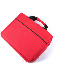 A red laptop bag with a black handle and a zippered compartment, featuring a logo.