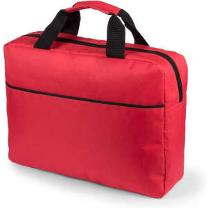 A red laptop bag with black accents and handles, featuring a zip closure and front pocket.