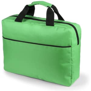 A green laptop document bag with black handles and trim, featuring a zip closure and a front pocket.