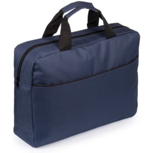 A navy blue laptop bag with black accents and dual handles, featuring a zip closure and a front pocket.