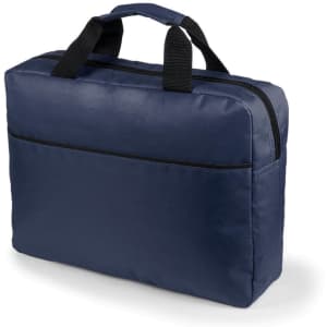 A navy blue laptop bag with a zip closure and dual handles. It features a front pocket and a simple design.