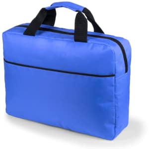 A blue laptop bag with black handles and a front pocket, featuring a logo.