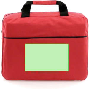 A red Hirkop document bag with black handles and a front pocket. It features a blank area for customisation.