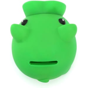 A green, round money box designed as a cartoonish fish with big eyes and a smiling mouth, featuring a logo.