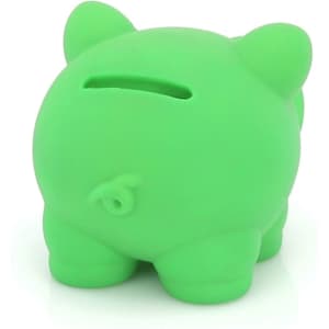 A green pig-shaped money box with a slot for coins and a small tail detail at the back.